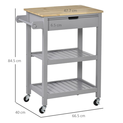 Kitchen Trolley Utility Cart with Rubberwood Worktop, Drawer, Shelves & Towel Rack - Grey