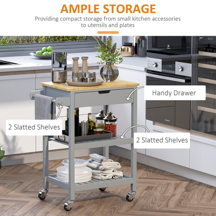 Kitchen Trolley Utility Cart with Rubberwood Worktop, Drawer, Shelves & Towel Rack - Grey