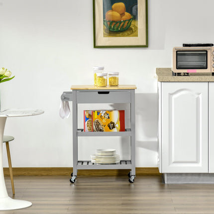 Kitchen Trolley Utility Cart with Rubberwood Worktop, Drawer, Shelves & Towel Rack - Grey