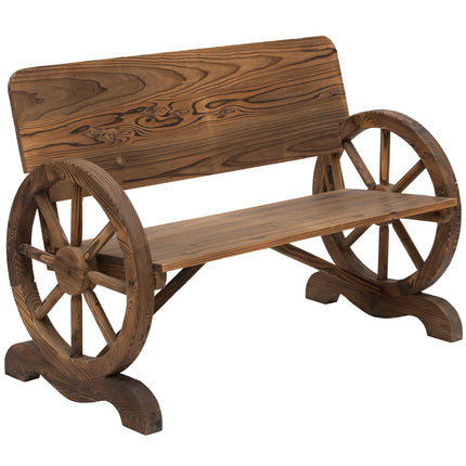 Wooden Cart Wagon Wheel 2-Seater Garden Bench Rustic High Back Loveseat - Carbonized Brown