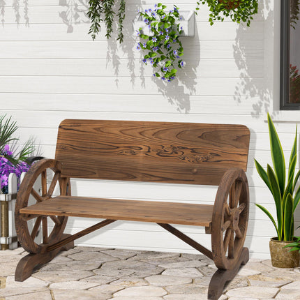 Wooden Cart Wagon Wheel 2-Seater Garden Bench Rustic High Back Loveseat - Carbonized Brown