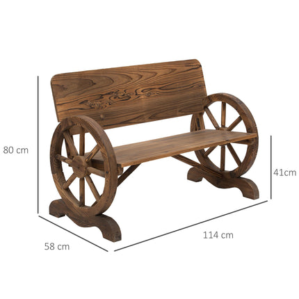 Wooden Cart Wagon Wheel 2-Seater Garden Bench Rustic High Back Loveseat - Carbonized Brown