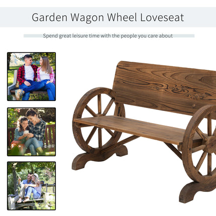 Wooden Cart Wagon Wheel 2-Seater Garden Bench Rustic High Back Loveseat - Carbonized Brown