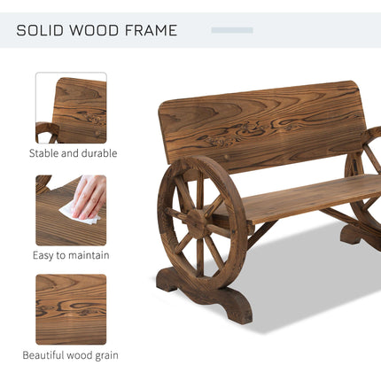 Wooden Cart Wagon Wheel 2-Seater Garden Bench Rustic High Back Loveseat - Carbonized Brown