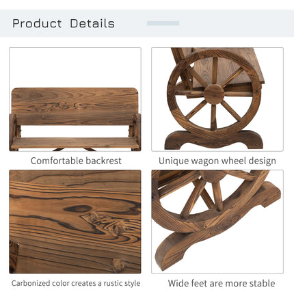 Wooden Cart Wagon Wheel 2-Seater Garden Bench Rustic High Back Loveseat - Carbonized Brown