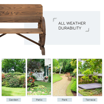Wooden Cart Wagon Wheel 2-Seater Garden Bench Rustic High Back Loveseat - Carbonized Brown