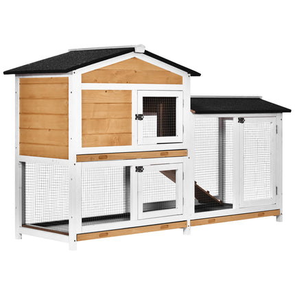 2-Tier Wooden Rabbit Hutch with Ramp & Sliding Trays 157.4x53x93.5cm - Yellow