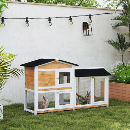 2-Tier Wooden Rabbit Hutch with Ramp & Sliding Trays 157.4x53x93.5cm - Yellow