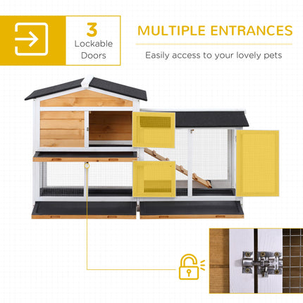2-Tier Wooden Rabbit Hutch with Ramp & Sliding Trays 157.4x53x93.5cm - Yellow