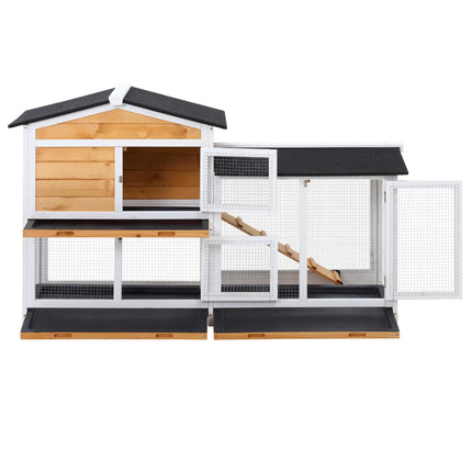 2-Tier Wooden Rabbit Hutch with Ramp & Sliding Trays 157.4x53x93.5cm - Yellow