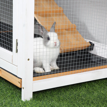 2-Tier Wooden Rabbit Hutch with Ramp & Sliding Trays 157.4x53x93.5cm - Yellow