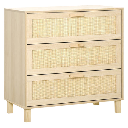 3 Drawer Wooden Freestanding Storage Cabinet with Rattan Panels - Natural Wood