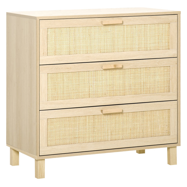 3 Drawer Wooden Freestanding Storage Cabinet with Rattan Panels - Natural Wood
