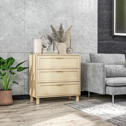 3 Drawer Wooden Freestanding Storage Cabinet with Rattan Panels - Natural Wood