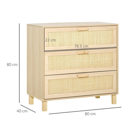 3 Drawer Wooden Freestanding Storage Cabinet with Rattan Panels - Natural Wood