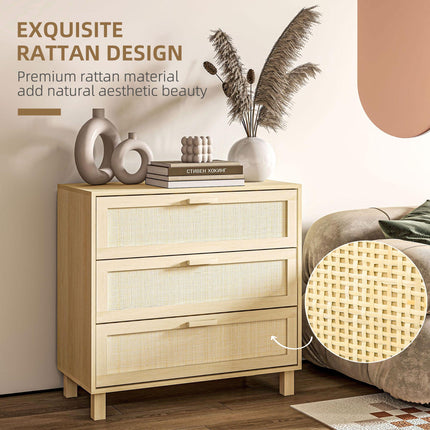 3 Drawer Wooden Freestanding Storage Cabinet with Rattan Panels - Natural Wood