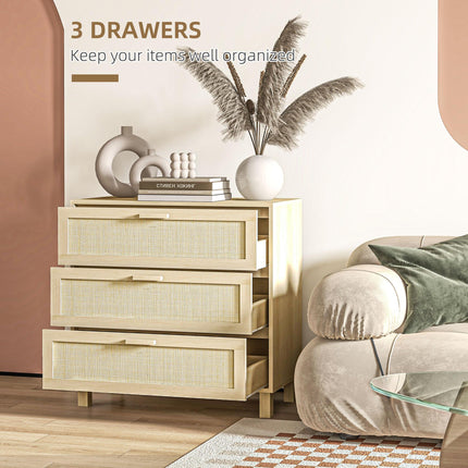 3 Drawer Wooden Freestanding Storage Cabinet with Rattan Panels - Natural Wood
