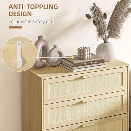 3 Drawer Wooden Freestanding Storage Cabinet with Rattan Panels - Natural Wood