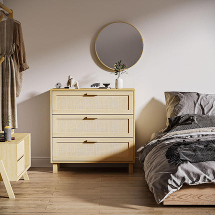 3 Drawer Wooden Freestanding Storage Cabinet with Rattan Panels - Natural Wood