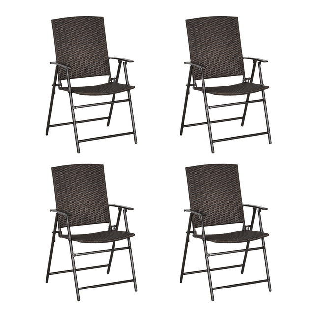 Set of 4 Foldable Rattan Garden Chairs with Steel Frame - Brown