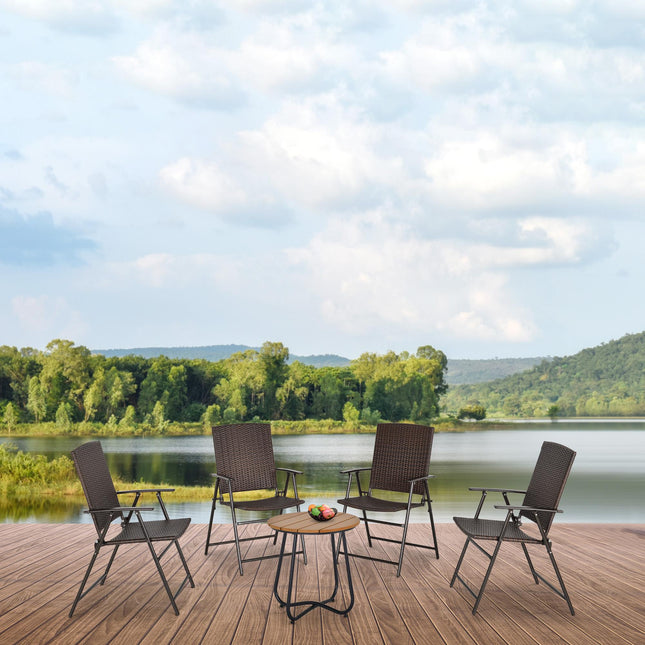 Set of 4 Foldable Rattan Garden Chairs with Steel Frame - Brown