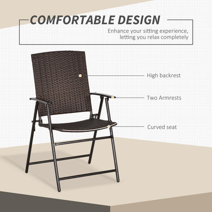 Set of 4 Foldable Rattan Garden Chairs with Steel Frame - Brown
