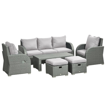 6 Piece Reclining Rattan Garden Furniture Set with Table and Footstools - Light Grey