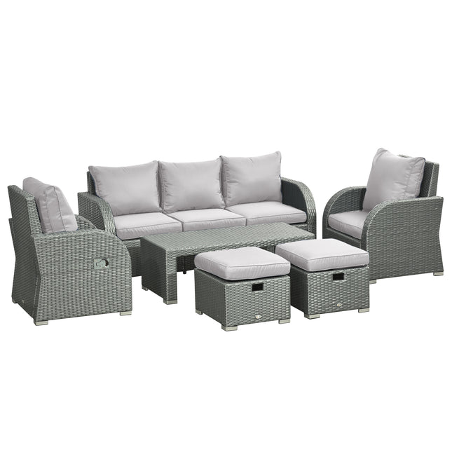 6 Piece Reclining Rattan Garden Furniture Set with Table and Footstools - Light Grey