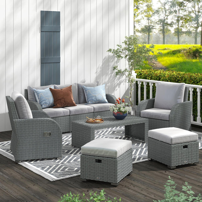 6 Piece Reclining Rattan Garden Furniture Set with Table and Footstools - Light Grey