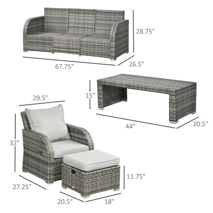 6 Piece Reclining Rattan Garden Furniture Set with Table and Footstools - Light Grey
