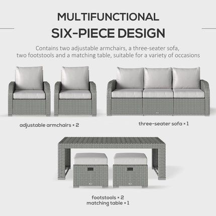 6 Piece Reclining Rattan Garden Furniture Set with Table and Footstools - Light Grey