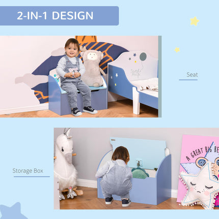 Kids Wooden Toy Storage Chest Chair 2-in-1 with Gas Stay Bar Safety Hinges 60x30x50cm - Blue