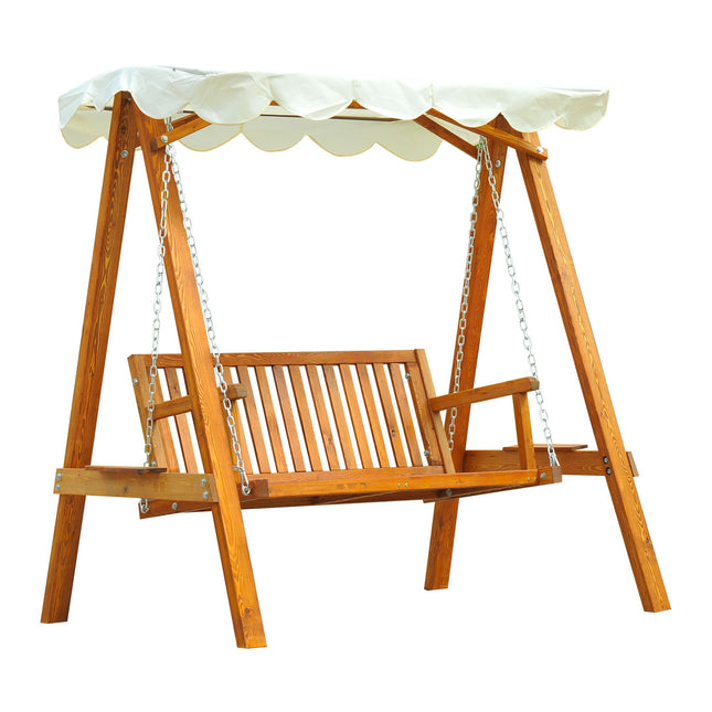 2 Seater Wooden Garden Swing Seat with Canopy Outdoor Hammock Bench - Cream White