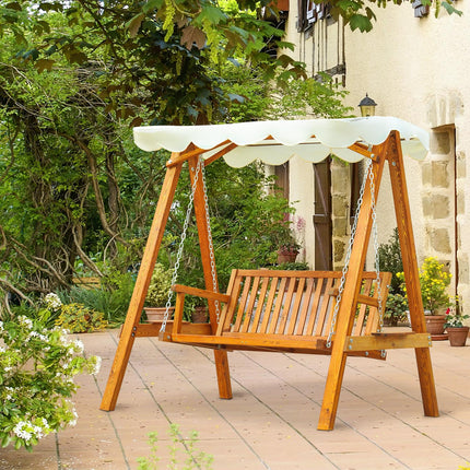 2 Seater Wooden Garden Swing Seat with Canopy Outdoor Hammock Bench - Cream White