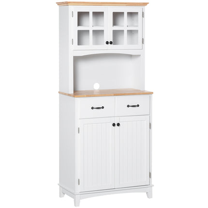 Freestanding Kitchen Storage Cabinet with Framed Glass Doors, 2 Drawers & Microwave Countertop - White