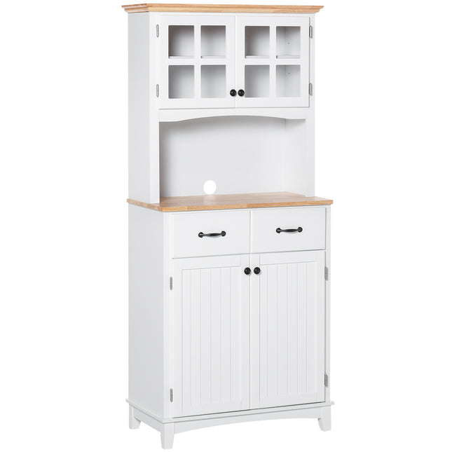 Freestanding Kitchen Storage Cabinet with Framed Glass Doors, 2 Drawers & Microwave Countertop - White