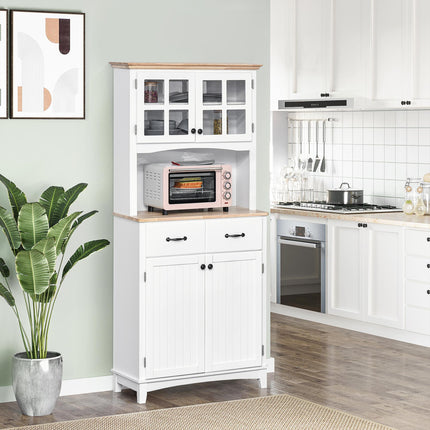 Freestanding Kitchen Storage Cabinet with Framed Glass Doors, 2 Drawers & Microwave Countertop - White