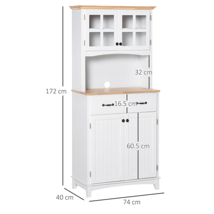 Freestanding Kitchen Storage Cabinet with Framed Glass Doors, 2 Drawers & Microwave Countertop - White