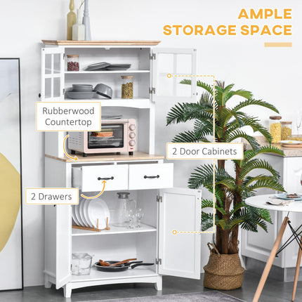 Freestanding Kitchen Storage Cabinet with Framed Glass Doors, 2 Drawers & Microwave Countertop - White