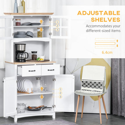 Freestanding Kitchen Storage Cabinet with Framed Glass Doors, 2 Drawers & Microwave Countertop - White