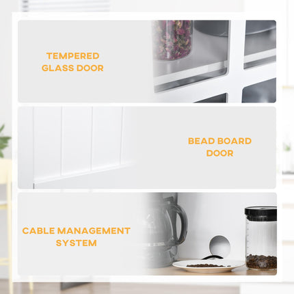 Freestanding Kitchen Storage Cabinet with Framed Glass Doors, 2 Drawers & Microwave Countertop - White