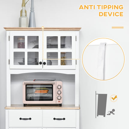 Freestanding Kitchen Storage Cabinet with Framed Glass Doors, 2 Drawers & Microwave Countertop - White