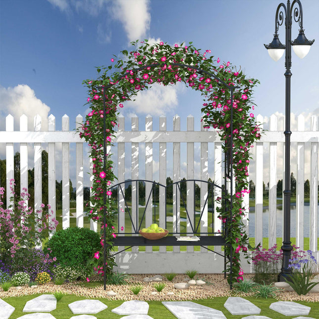 Garden Bench, 2 Seater Outdoor Patio Bench, Metal Garden Loveseat with Arch for Vines and Climbing Plants, Black