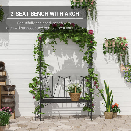 Garden Bench, 2 Seater Outdoor Patio Bench, Metal Garden Loveseat with Arch for Vines and Climbing Plants, Black