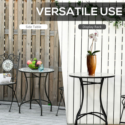 Round Mosaic Garden Table with Metal Frame 60cm - Grey/Black