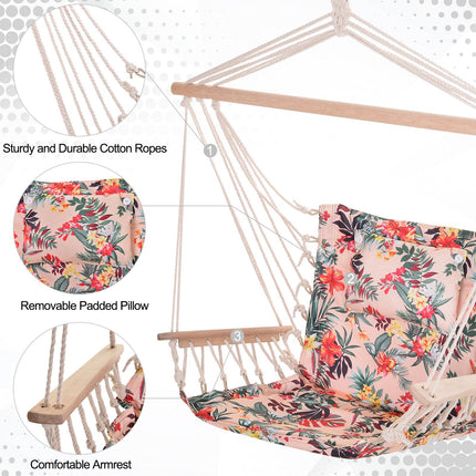 Garden Outdoor Hanging Hammock Chair with Thick Rope, Wooden Arms, Wide Seat - Multicoloured Floral