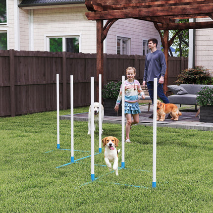Adjustable Dog Agility Training Obstacle Course Set with Weave Poles and Storage Bag - White & Blue