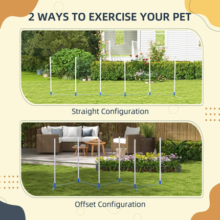 Adjustable Dog Agility Training Obstacle Course Set with Weave Poles and Storage Bag - White & Blue