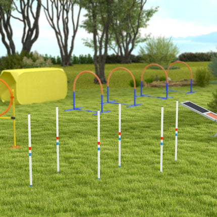 Adjustable Dog Agility Training Obstacle Course Set with Weave Poles and Storage Bag - White & Blue