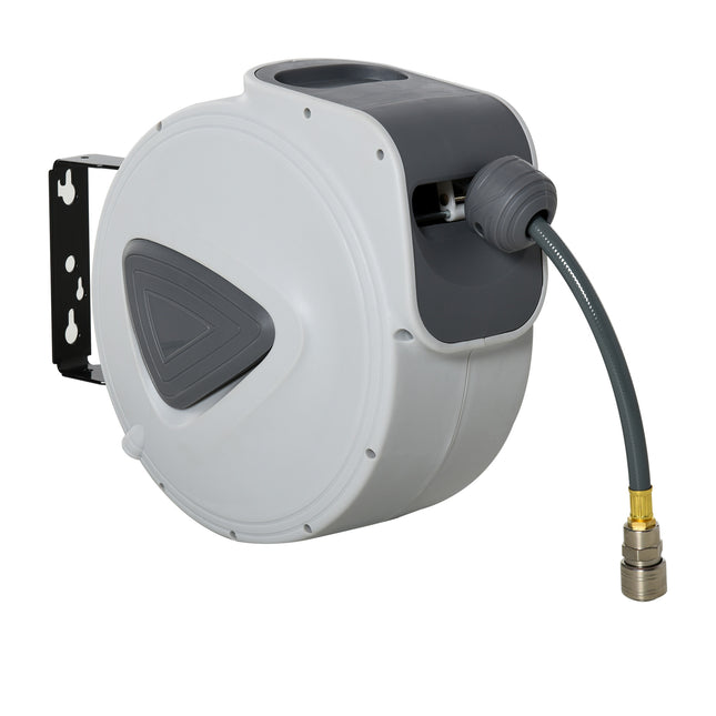 Retractable 15m + 1.4m Air Hose Reel 3/8" Diameter, 1/4" BSP Connector, Wall Mount Auto Rewind - Grey